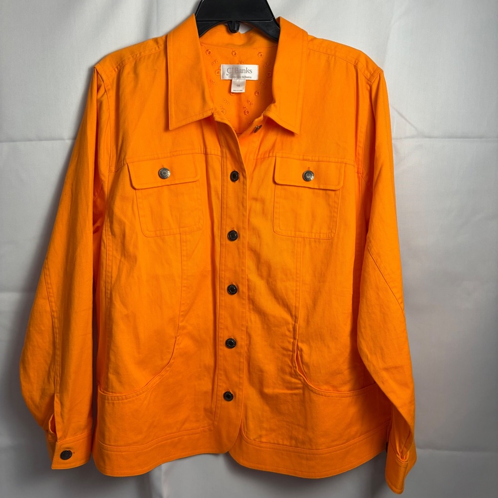 CJ Banks Christopher & Banks Orange Cotton Button Front Jacket Plus Size 1X